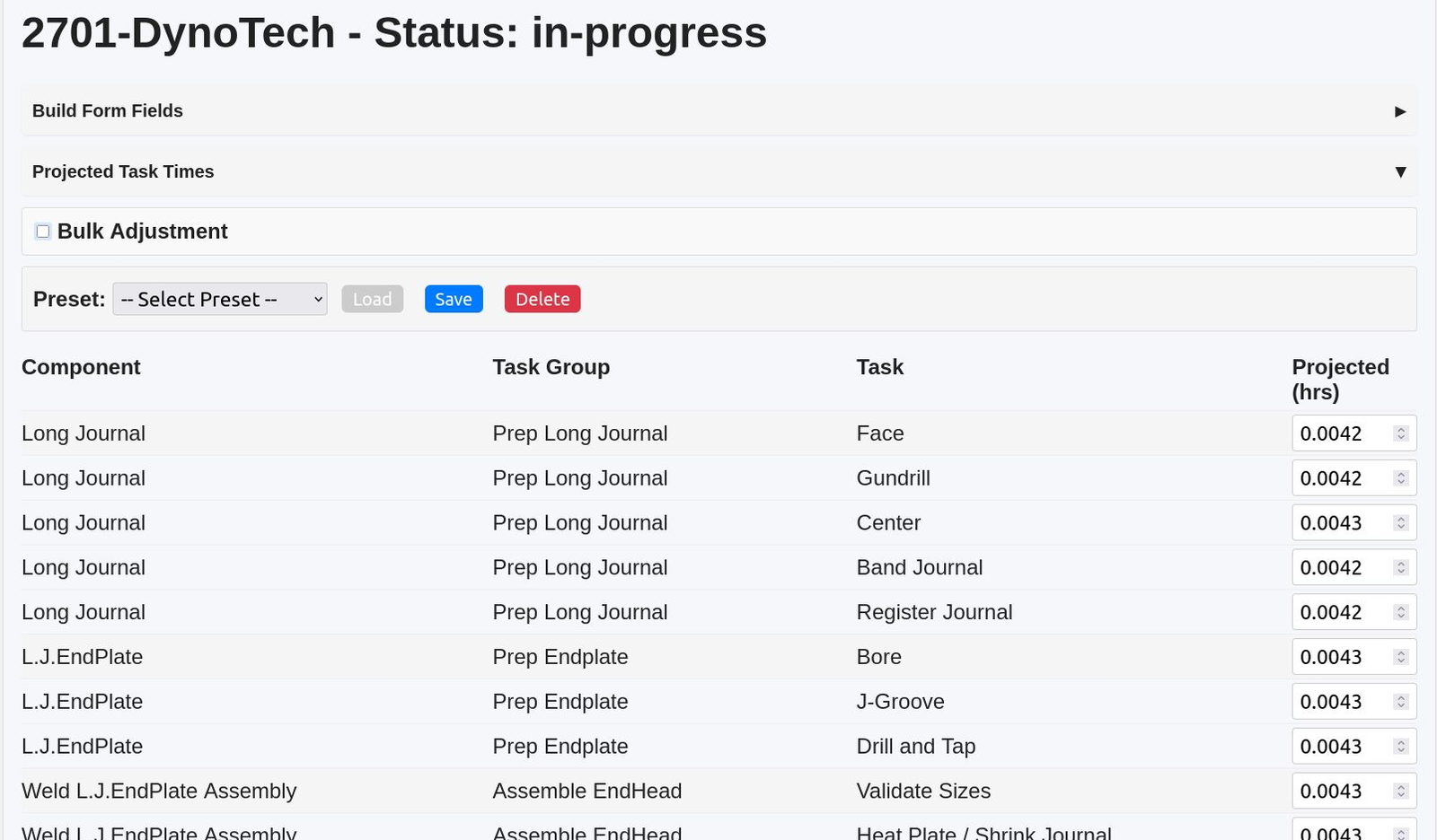 Projected Task Time interface
